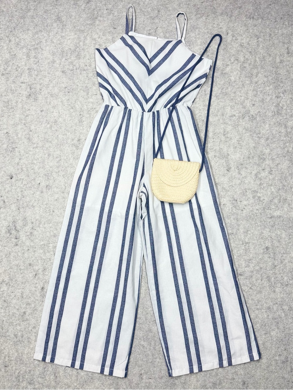 Paisley Lane Girls Striped Jumpsuit Size 8 Wide Leg White Blue Spaghetti Strap